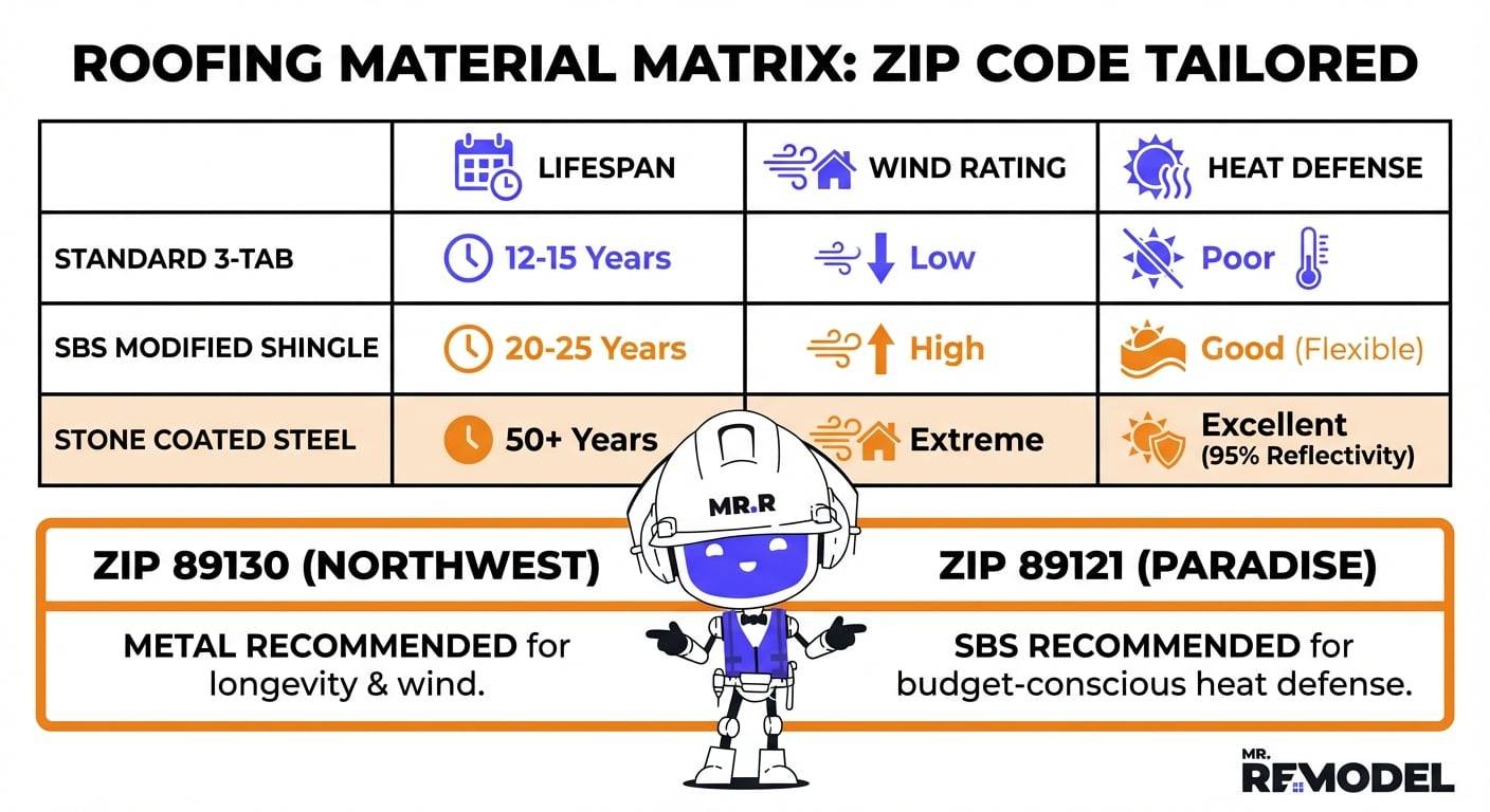 A roofing material comparison table ranks Standard 3 Tab, SBS Modified, and Stone Coated Steel based on lifespan and heat defense to help Las Vegas homeowners select the best option for their neighborhood.